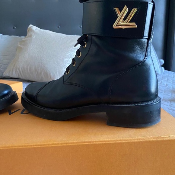 Louis Vuitton Black Leather Combat Boots with Gold Accents - Picture 3 of 7